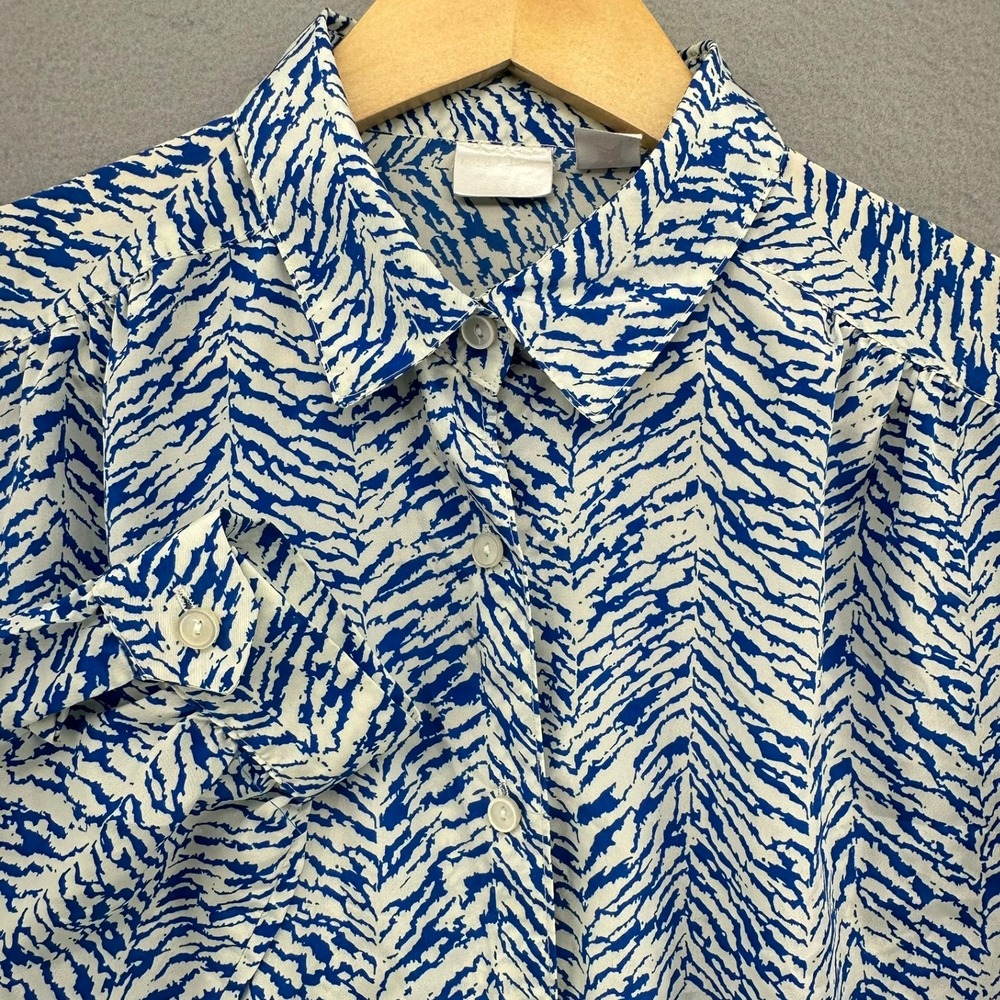VTG Zebra Print Blue White Long Sleeve Button Down Shirt Top SZ M 1980s Mobwife